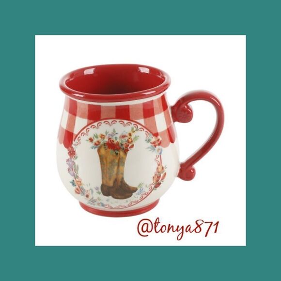 🦋 New Pioneer Woman Novelty Cowboy Boot Floral Red Gingham 16-oz Mug - Picture 4 of 9